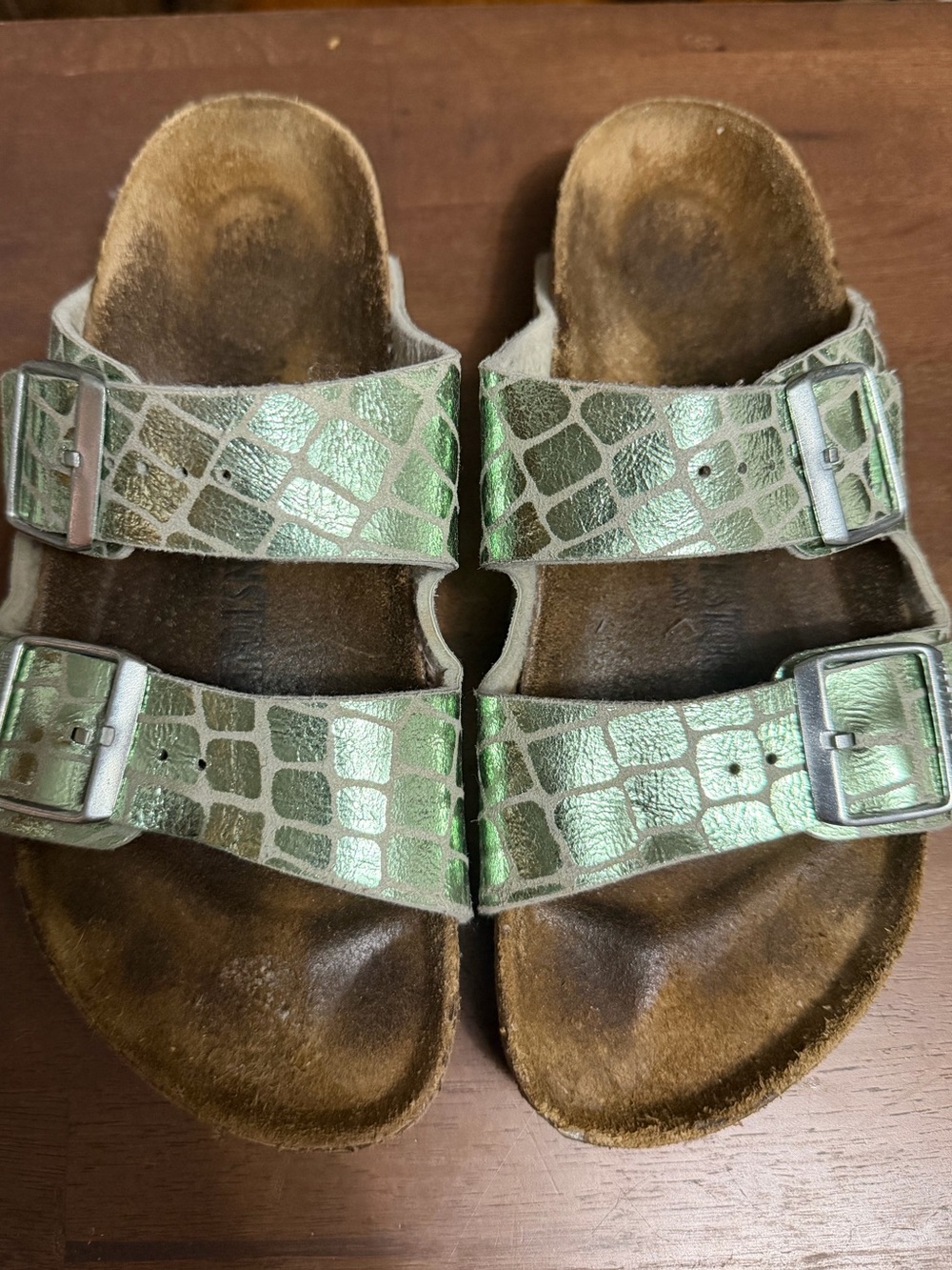 Birkenstock Metallic Green Croc-Embossed Double Buckle Slides